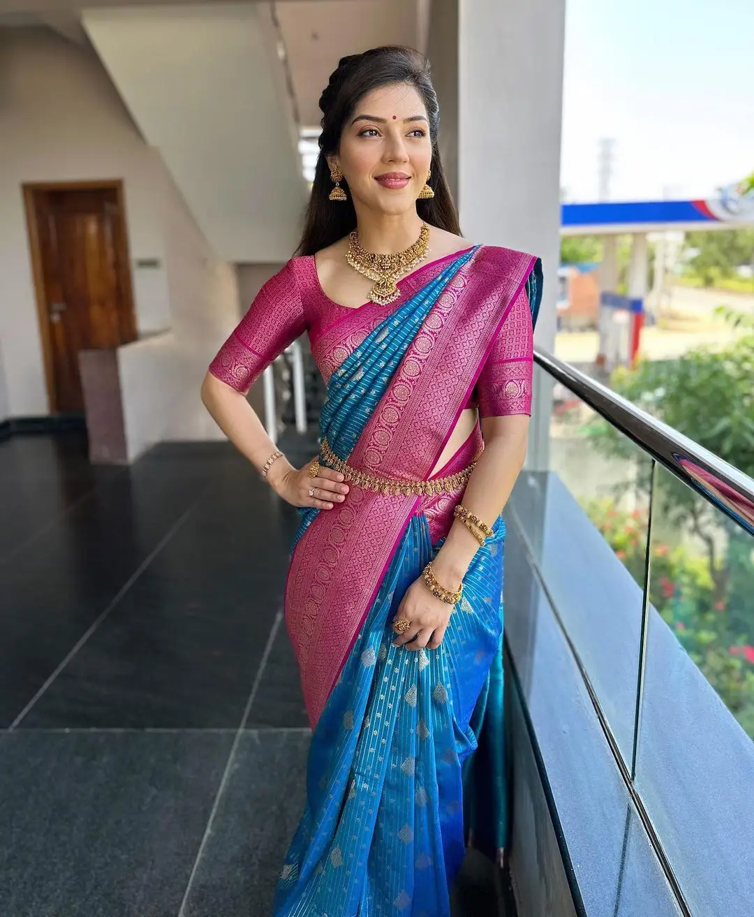 Mehreen Pirzada In South Indian Traditional Blue Saree Pink Blouse